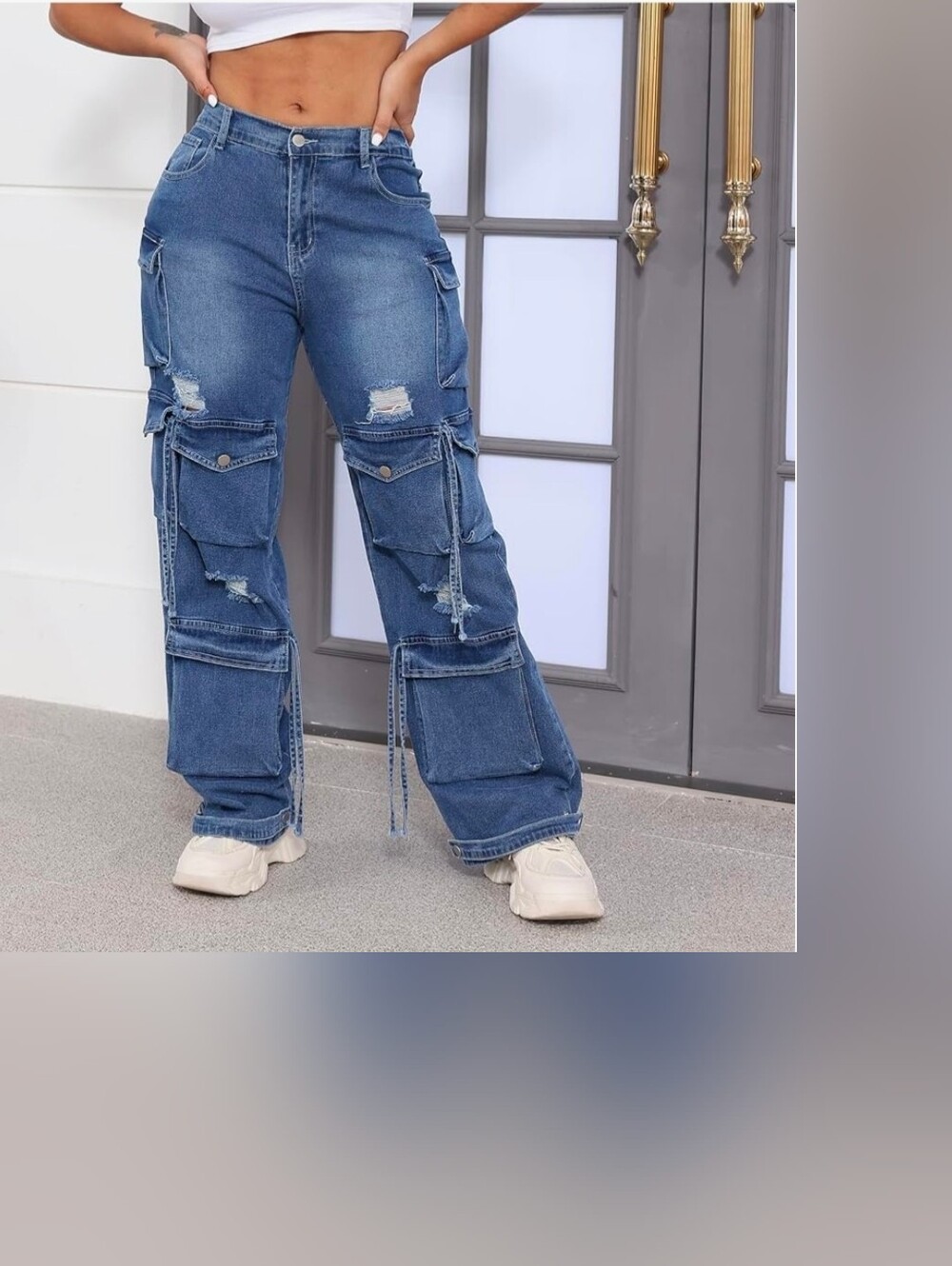 ThusFar High Waist Baggy Cargo Jeans - Distressed Blue Denim - Picture 6 of 8